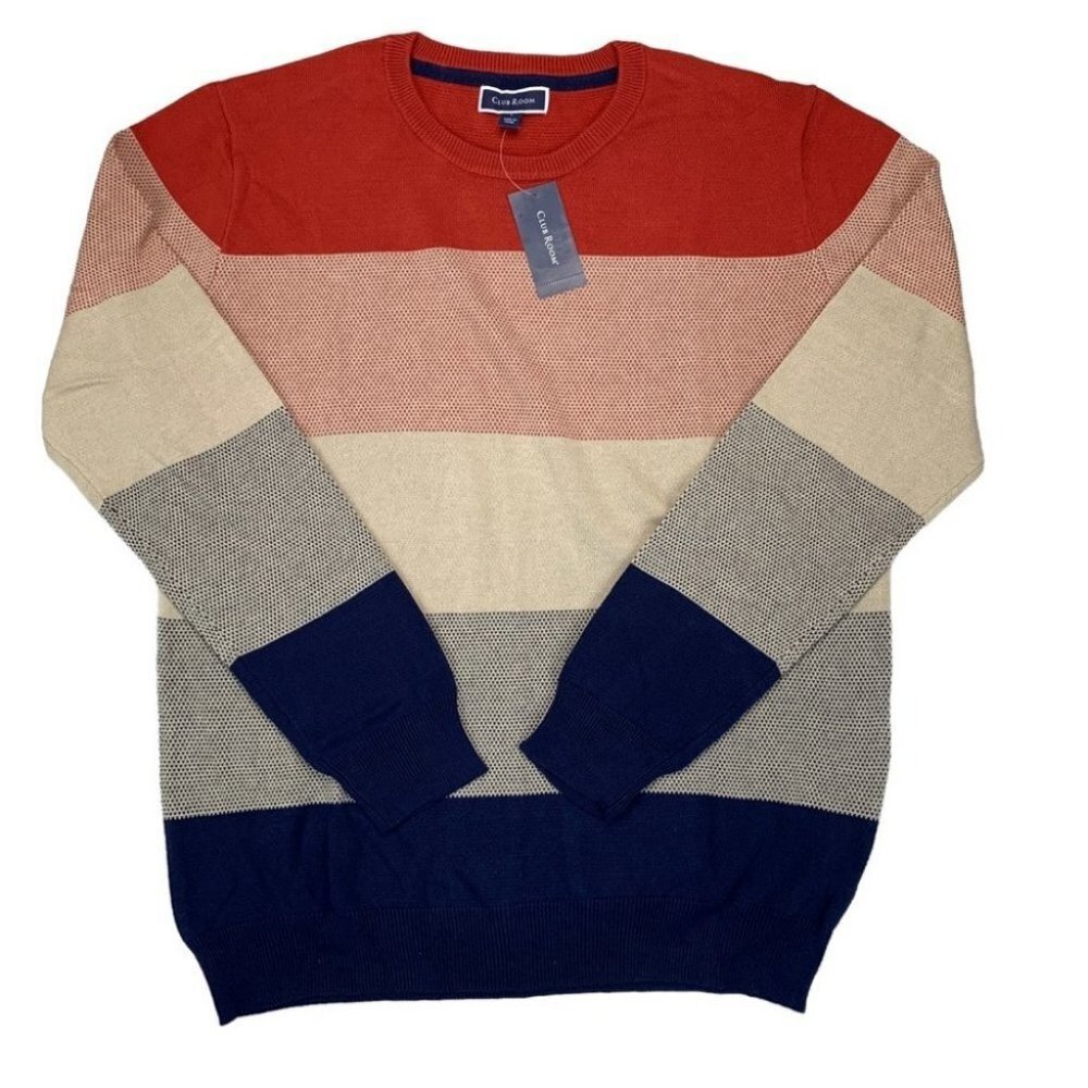 Club Room Mens Striped Lightweight Sweater Orange Combo L